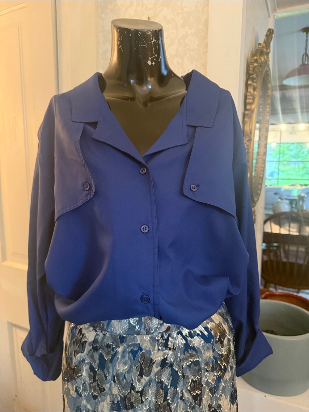 Diane Von Furstenberg Blue Button Down Military Style Shoulder Pads Blouse 16